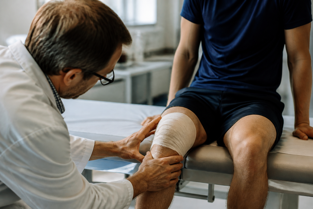 Medecin examinant le genou bande dun jeune sportif