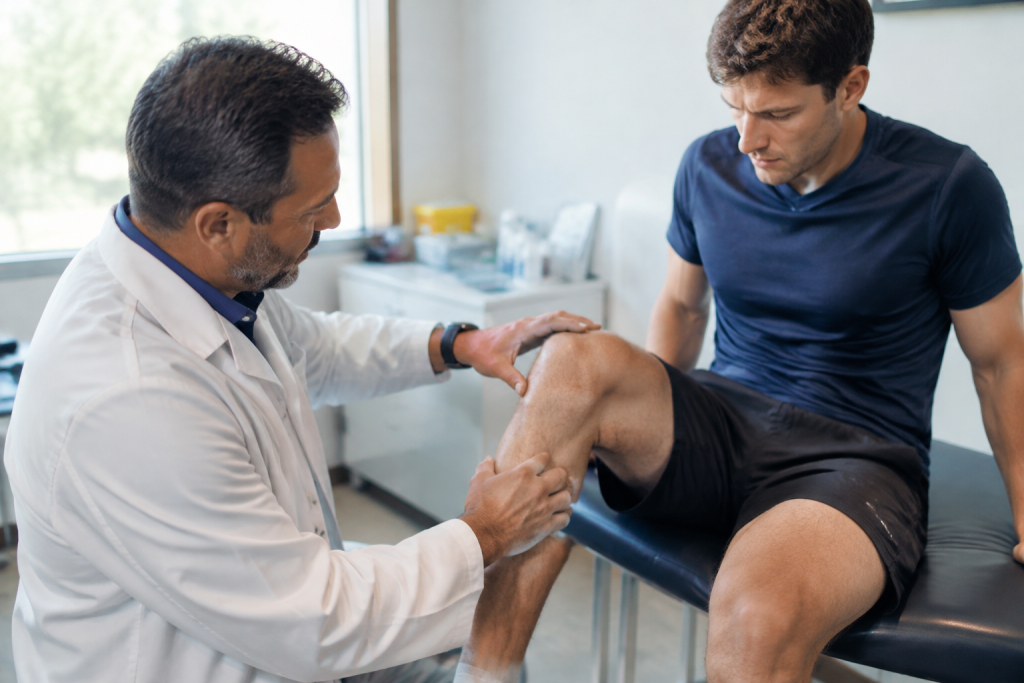 Medecin examinant un genou de sportif assis sur table
