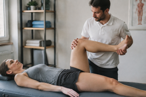 Patient allonge sur table, jambe soutenue par le praticien